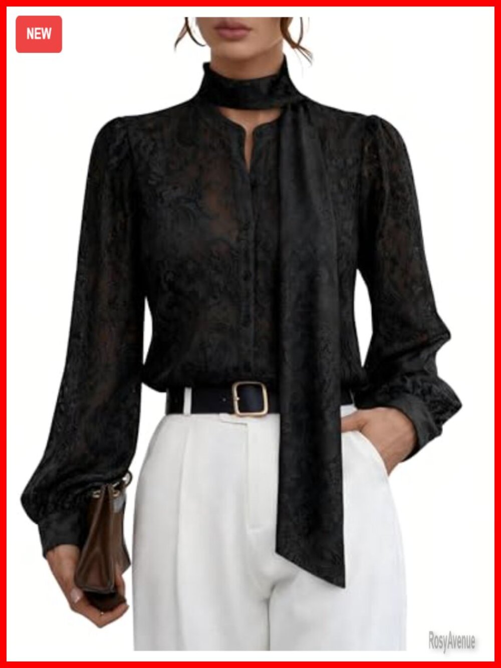 Women's Lace Button Down Blouse with Removable Tie Long Sleeve